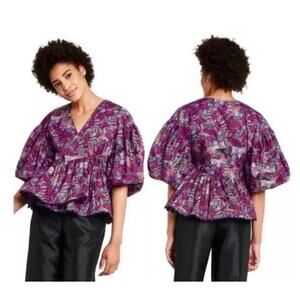 Kika Vargas For Target Colorful Purple Floral Balloon Sleeve Wrap Blouse Size 3X